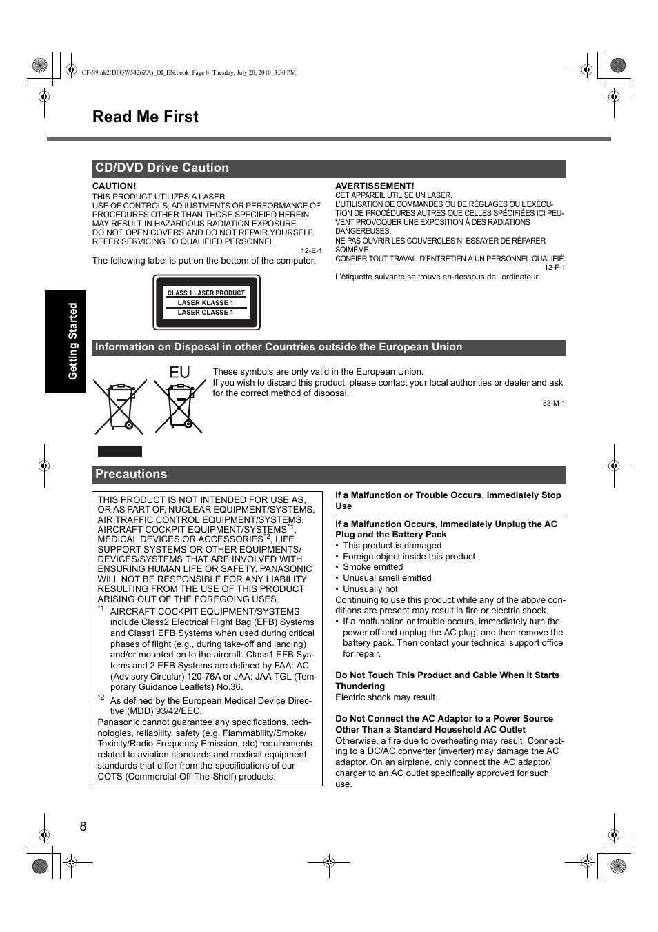 Read me first, Cd/dvd drive caution, Precautions | Panasonic CF-S9 User Manual | Page 8 / 36