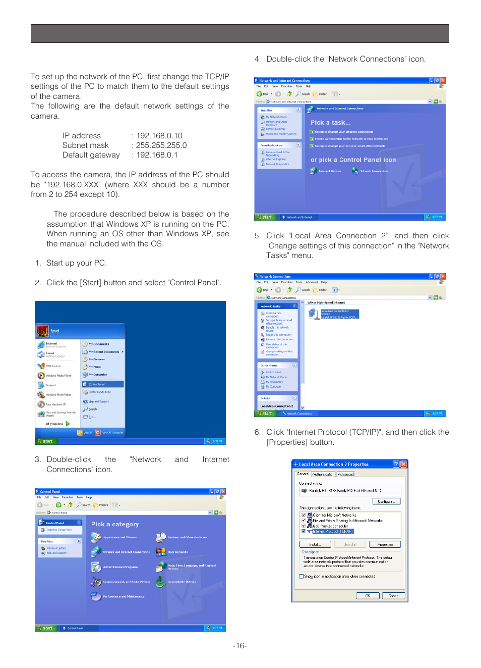 Preparations for the pc, Network setup of your pc | Panasonic WV-NS324 User Manual | Page 16 / 64