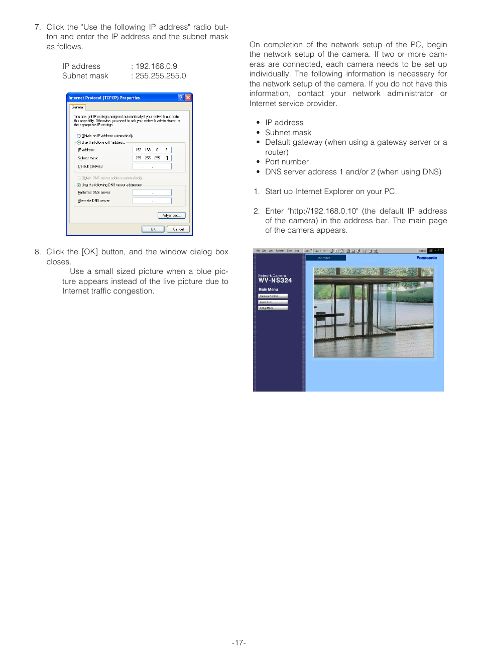 Network setup of the camera | Panasonic WV-NS324 User Manual | Page 17 / 64