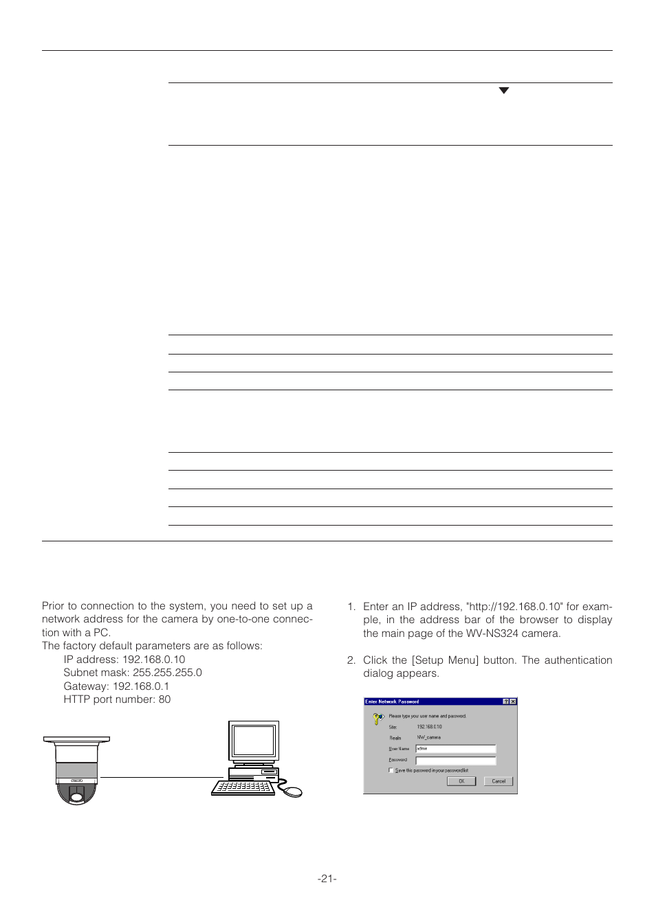 Preliminary setup | Panasonic WV-NS324 User Manual | Page 21 / 64