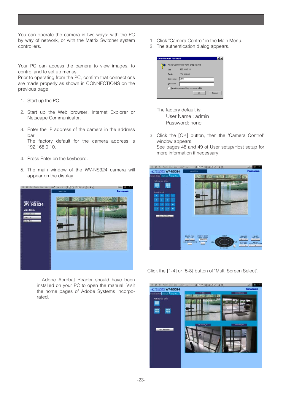 Operating the camera | Panasonic WV-NS324 User Manual | Page 23 / 64