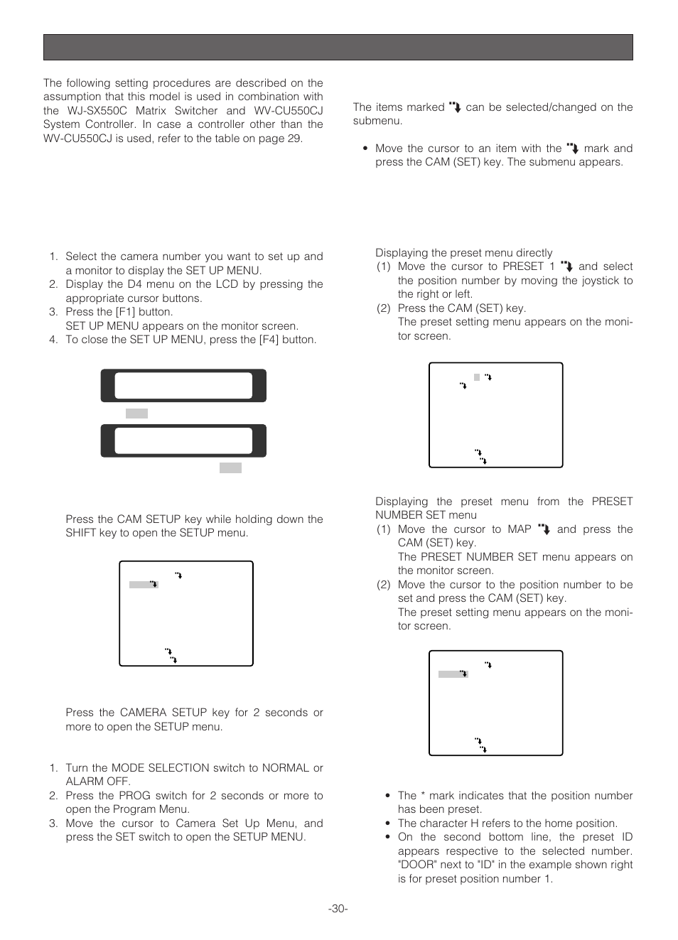Setting procedures, Menu display, Presetting | Setup menu display, Submenu display, Preset menu display, F 1 f 2 f 3 f 4, F 2 f 3 f 4 | Panasonic WV-NS324 User Manual | Page 29 / 64
