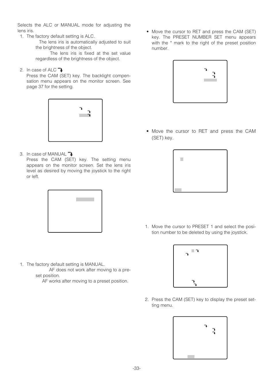 Deleting preset positions, Light control setting (alc/manual), Auto focus setting (af mode) | Panasonic WV-NS324 User Manual | Page 32 / 64