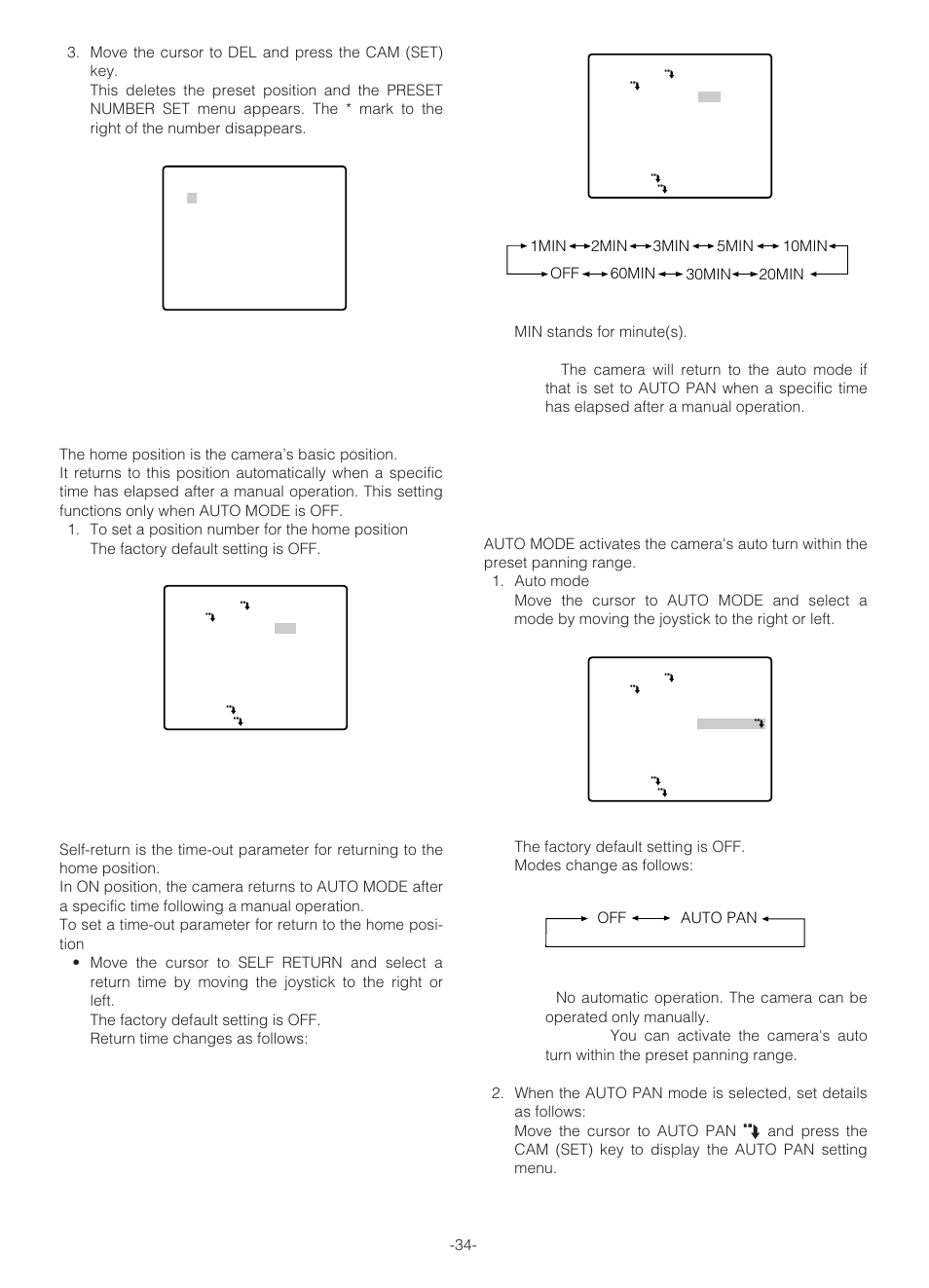 Home position setting (home position), Self-return setting (self return), Auto mode selection (auto mode) | Panasonic WV-NS324 User Manual | Page 33 / 64
