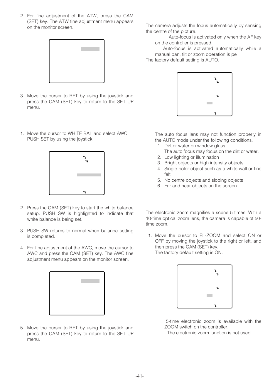 Auto focus setting (af mode), Electronic zoom (el-zoom), 2) automatic white balance control mode (awc) | Panasonic WV-NS324 User Manual | Page 40 / 64