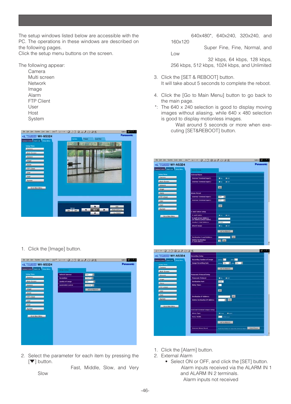Setup from pc, Image setup, Alarm setup | Panasonic WV-NS324 User Manual | Page 45 / 64