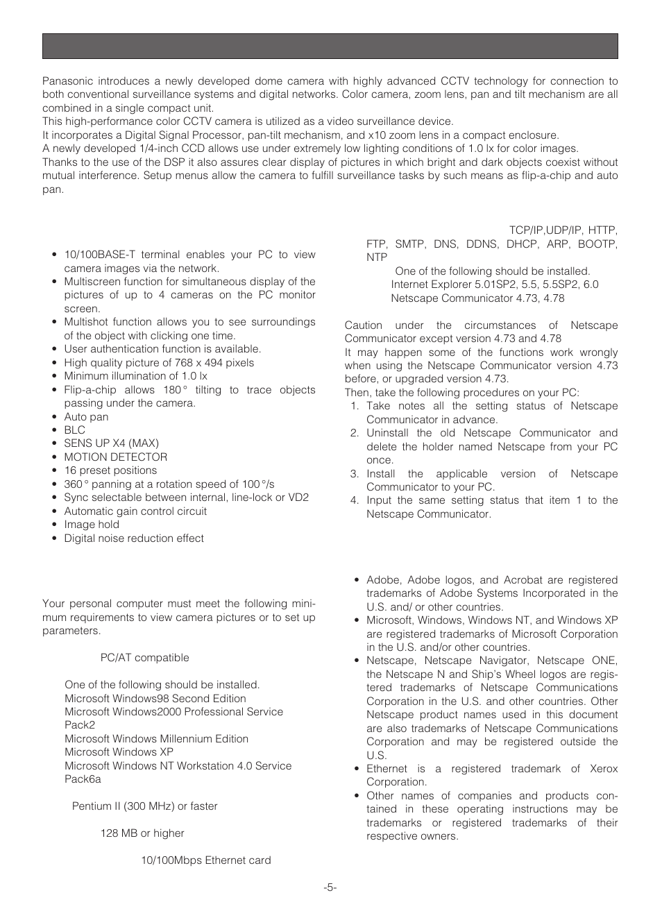 Preface, Features, System requirements | Trademarks | Panasonic WV-NS324 User Manual | Page 5 / 64