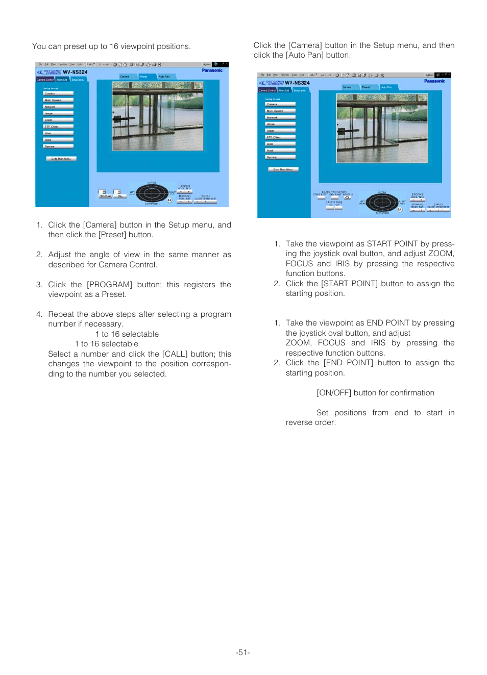 Preset setup, Auto pan setting | Panasonic WV-NS324 User Manual | Page 50 / 64