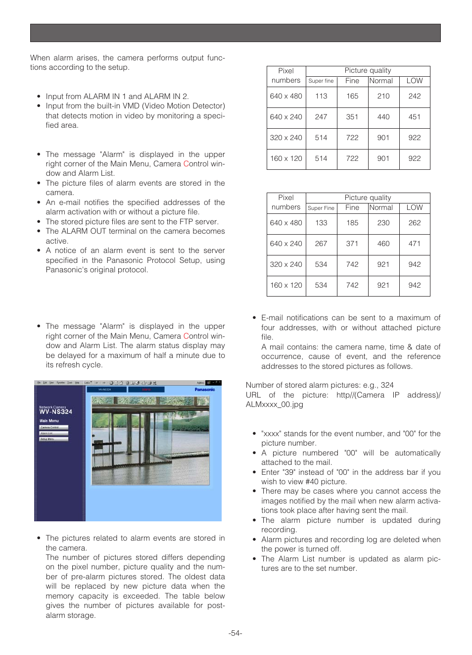 Alarm functions, When alarm arises | Panasonic WV-NS324 User Manual | Page 53 / 64