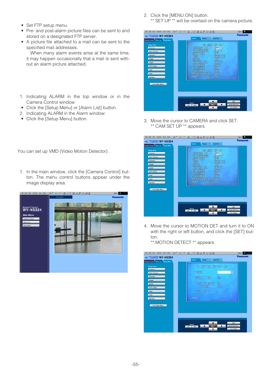 Transferring picture files, Canceling alarm display, Vmd setup | Panasonic WV-NS324 User Manual | Page 54 / 64