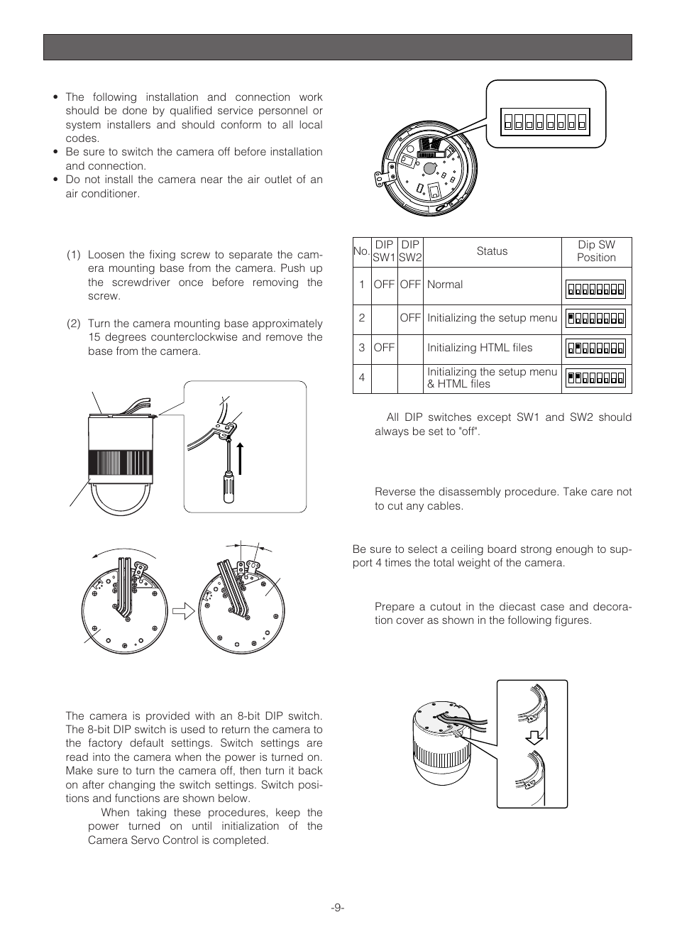 Installation, Assemble the camera, Disassembling the camera | Setting switches, Dip sw position dip sw1 dip sw2 1 off off normal | Panasonic WV-NS324 User Manual | Page 9 / 64