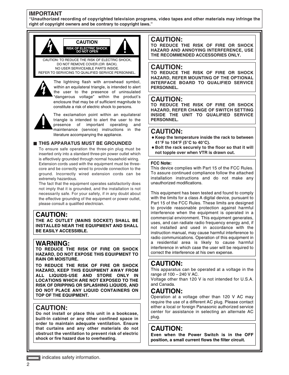 Caution, Warning | Panasonic AJ-SD930BP User Manual | Page 2 / 80