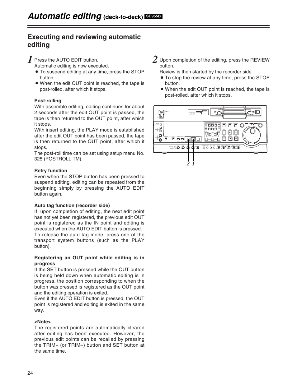 Automatic editing, Executing and reviewing automatic editing, Deck-to-deck) | Sd955b | Panasonic AJ-SD930BP User Manual | Page 24 / 80