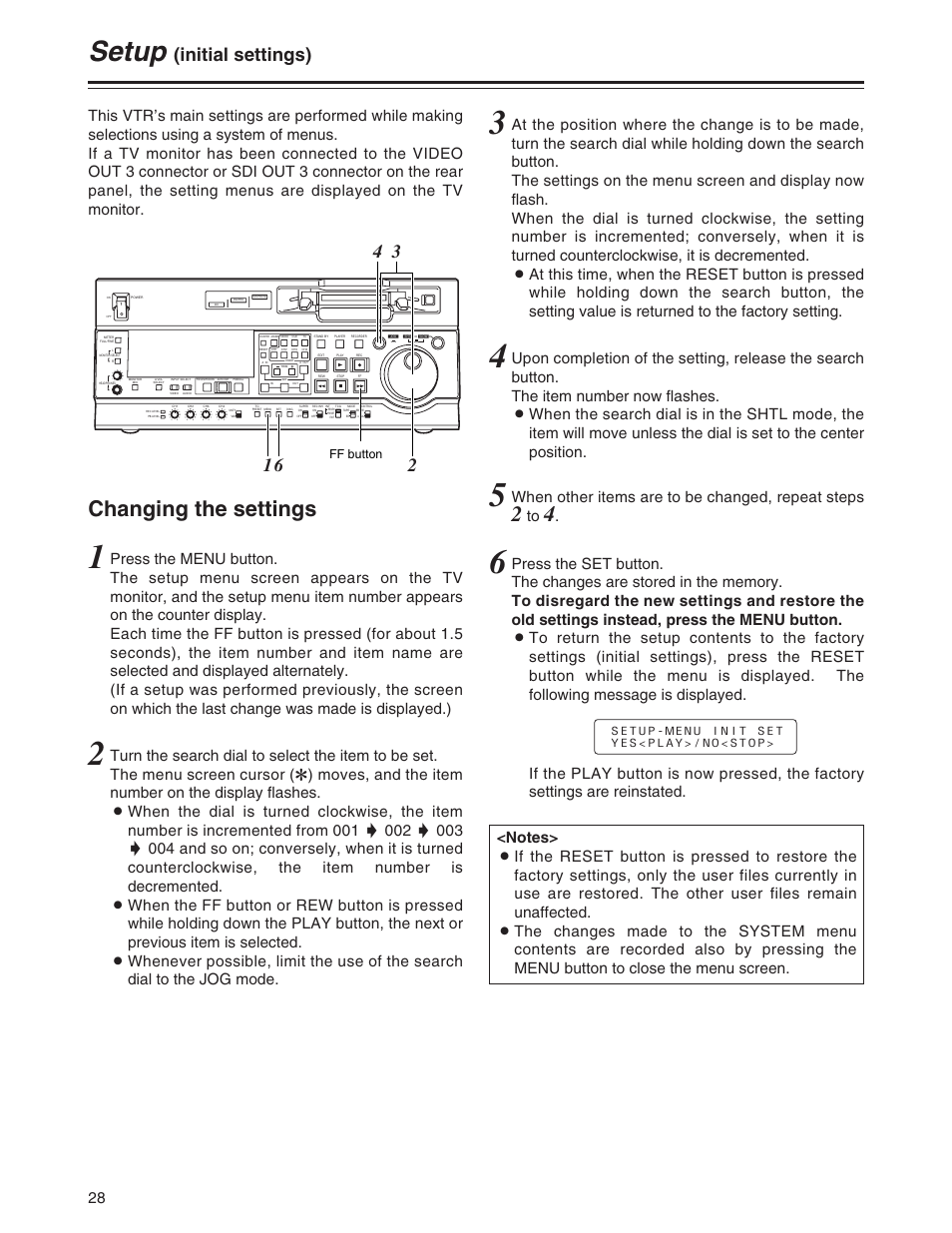 Setup, Changing the settings, Initial settings) | When other items are to be changed, repeat steps, Ff button | Panasonic AJ-SD930BP User Manual | Page 28 / 80