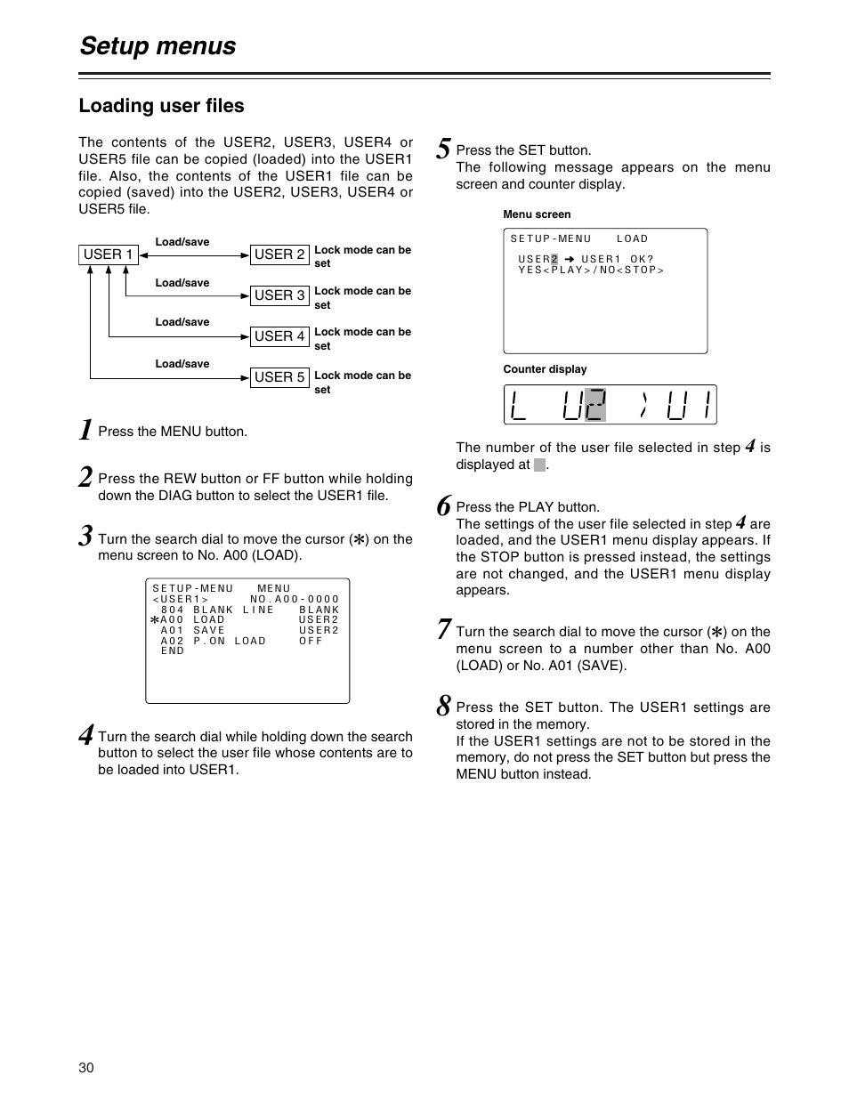 Setup menus, Loading user files | Panasonic AJ-SD930BP User Manual | Page 30 / 80