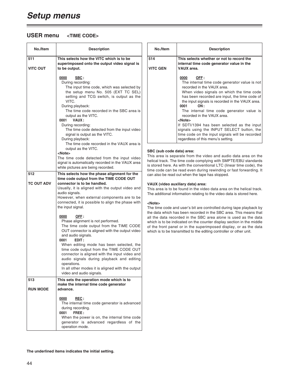 Setup menus, User menu | Panasonic AJ-SD930BP User Manual | Page 44 / 80