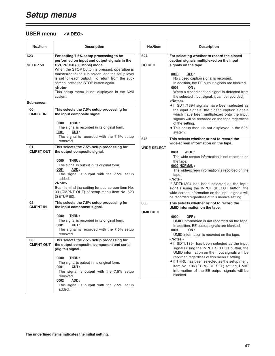 Setup menus, User menu | Panasonic AJ-SD930BP User Manual | Page 47 / 80