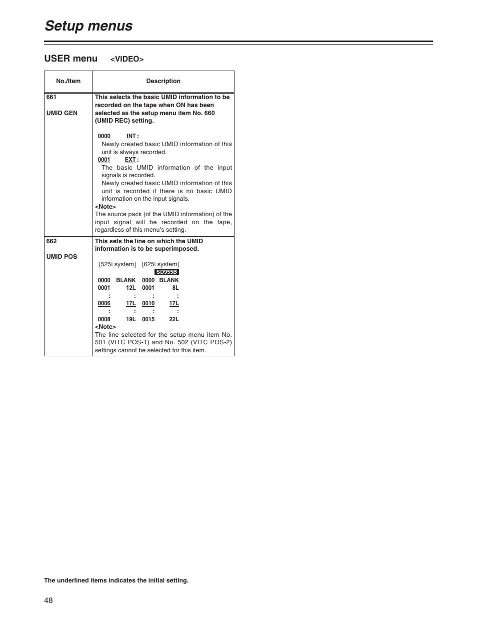 Setup menus, User menu | Panasonic AJ-SD930BP User Manual | Page 48 / 80