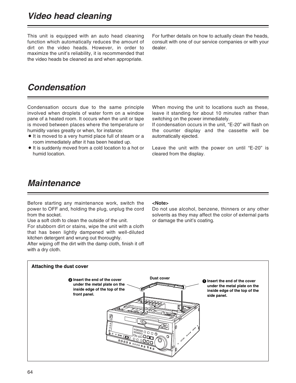 Video head cleaning, Condensation, Maintenance | Panasonic AJ-SD930BP User Manual | Page 64 / 80