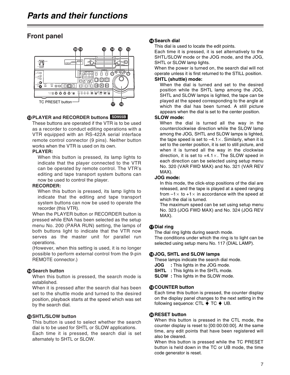Parts and their functions, Front panel, Search dial | Shtl (shuttle) mode, Slow mode, Jog mode, Adial ring, Bjog, shtl and slow lamps, Ccounter button, Dreset button | Panasonic AJ-SD930BP User Manual | Page 7 / 80