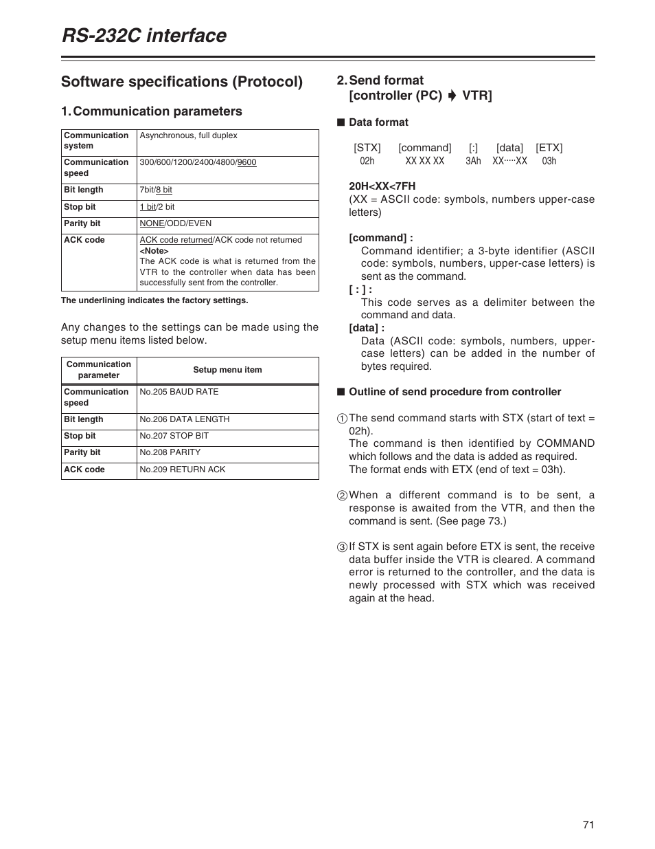 Rs-232c interface, Software specifications (protocol), Communication parameters | Send format [controller (pc) 5 vtr | Panasonic AJ-SD930BP User Manual | Page 71 / 80