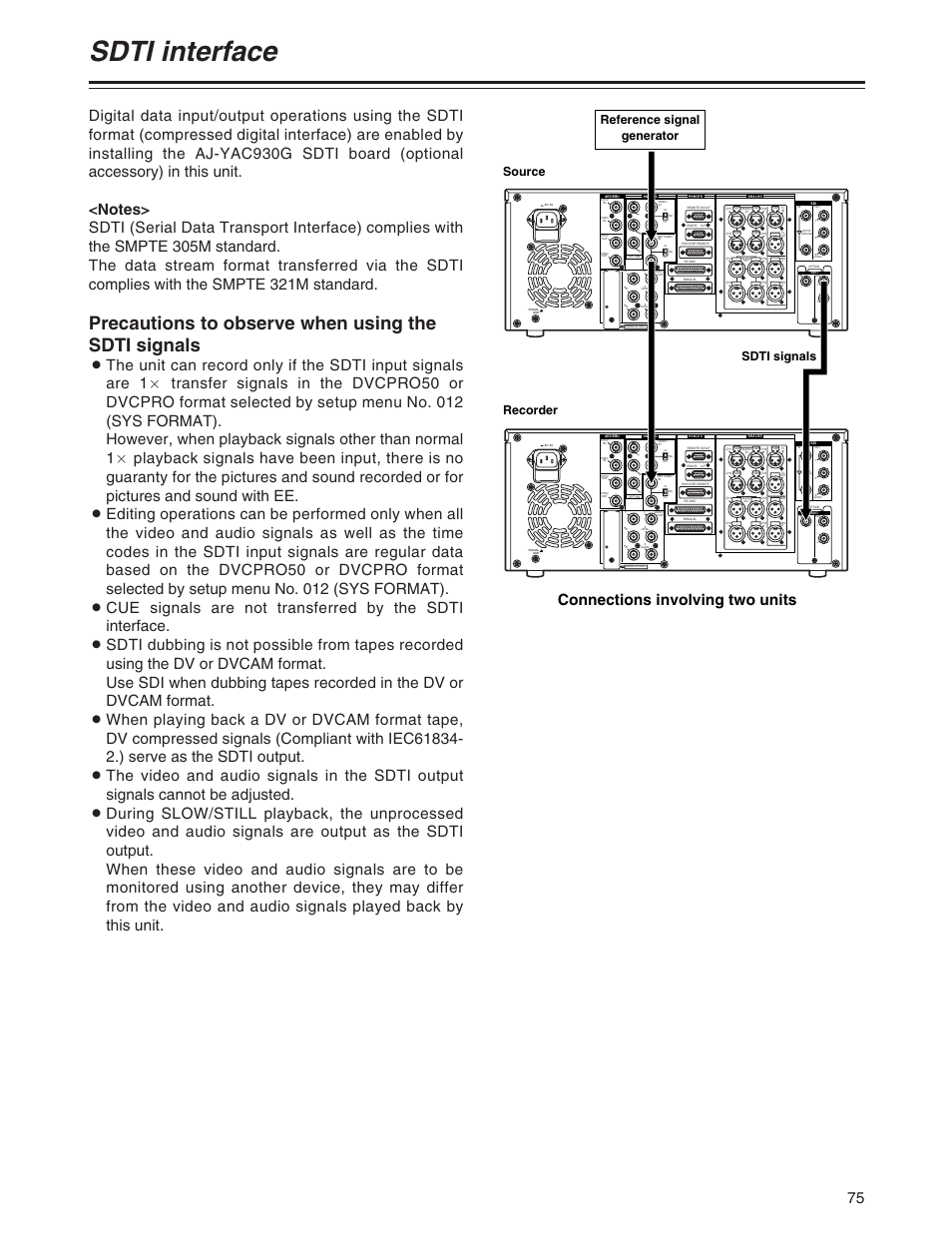 Sdti interface, Precautions to observe when using the sdti signals, Connections involving two units | Reference signal generator source recorder, Sdti signals | Panasonic AJ-SD930BP User Manual | Page 75 / 80