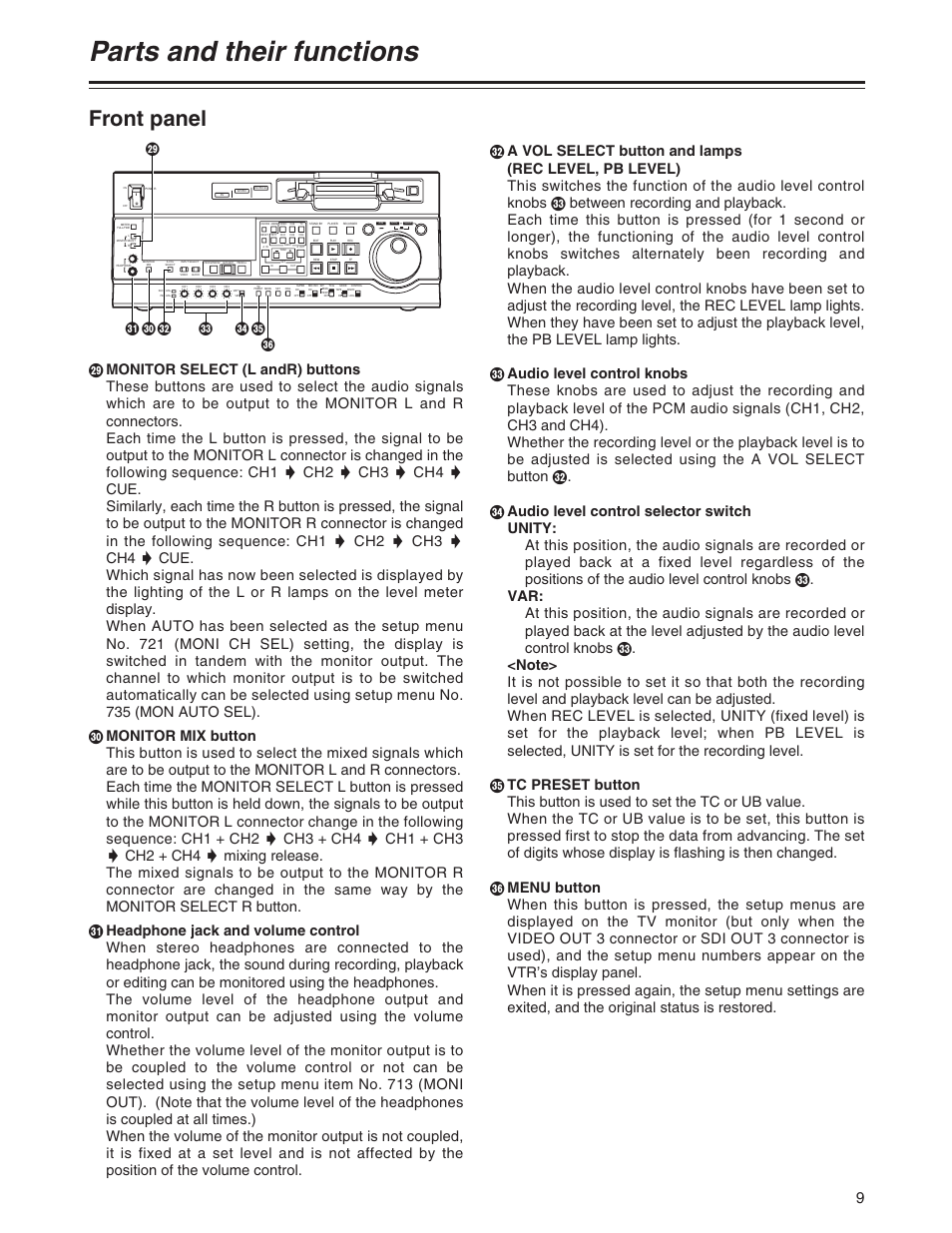 Parts and their functions, Front panel | Panasonic AJ-SD930BP User Manual | Page 9 / 80