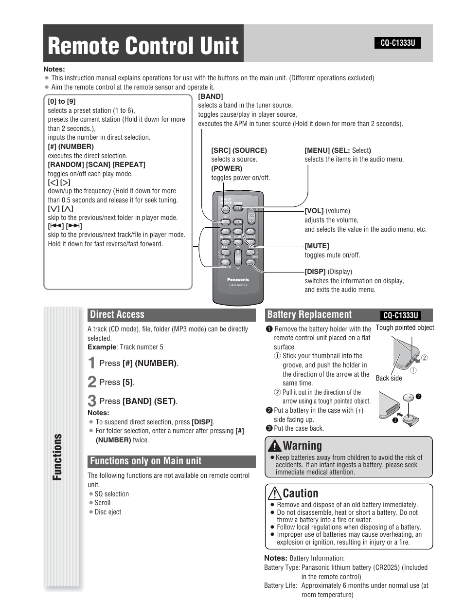 Remote control unit, Functions, Warning | Caution, Direct access, Functions only on main unit, Battery replacement, Press [#] (number), Press [5, Press [band] (set) | Panasonic CQ-C1333U User Manual | Page 10 / 20