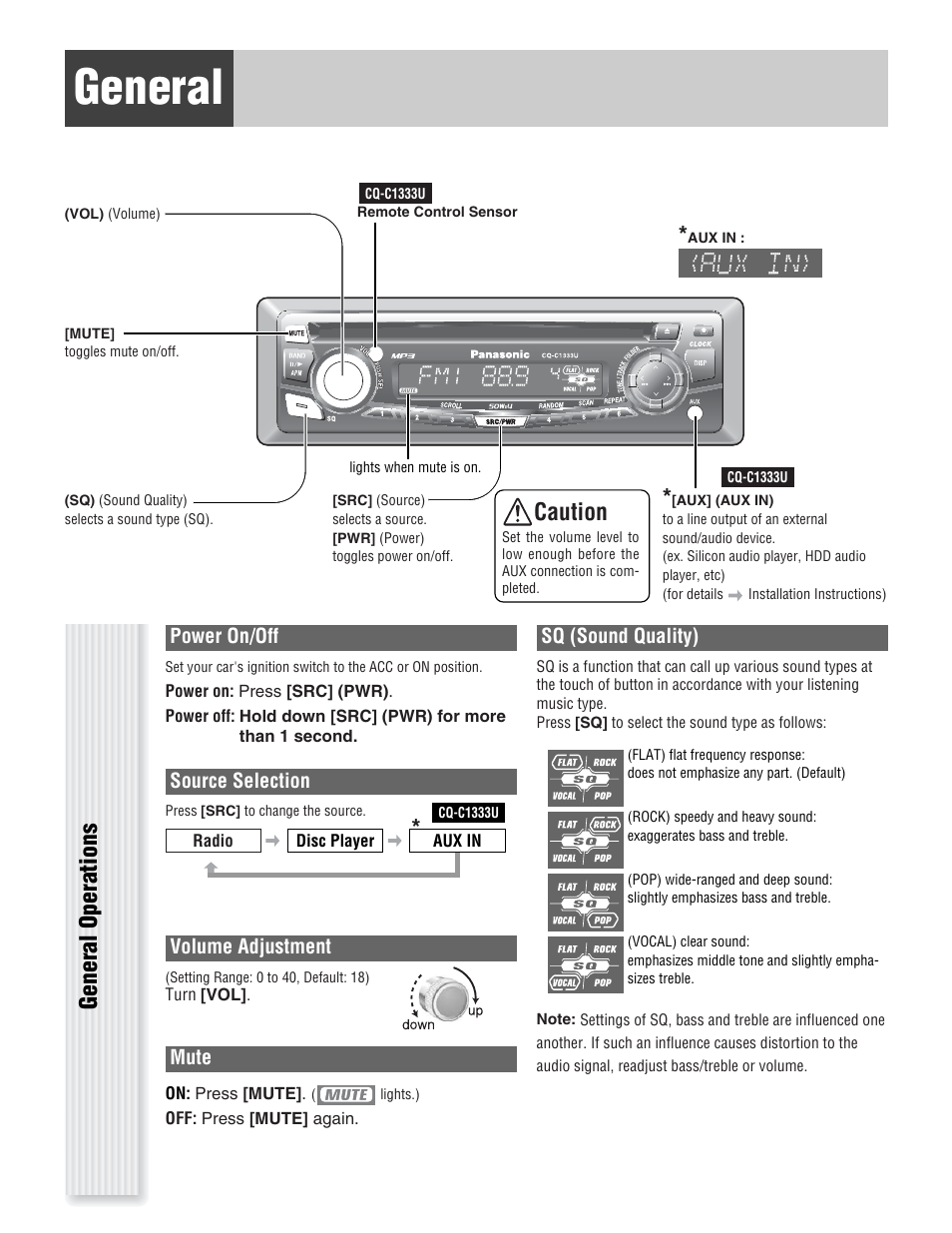 General, General operations, Caution | Panasonic CQ-C1333U User Manual | Page 11 / 20