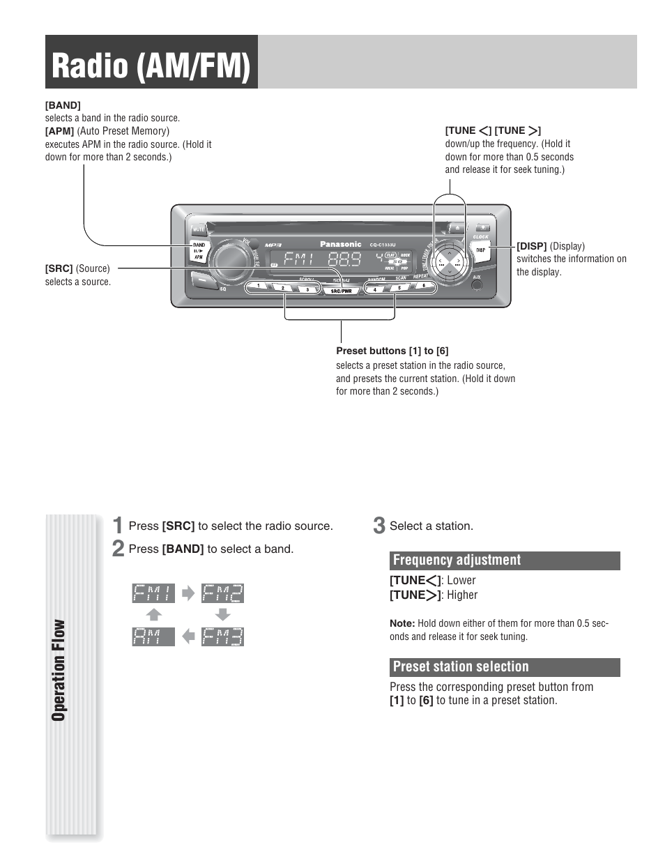 Radio (am/fm), Operation flow | Panasonic CQ-C1333U User Manual | Page 12 / 20
