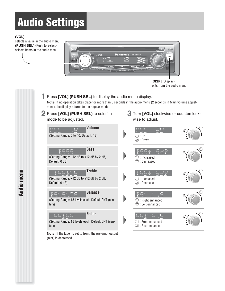 Audio settings, Audio menu | Panasonic CQ-C1333U User Manual | Page 14 / 20