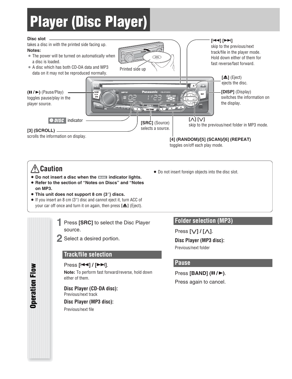 Player (disc player), Operation flow, Caution | Track/file selection, Folder selection (mp3), Pause | Panasonic CQ-C1333U User Manual | Page 15 / 20
