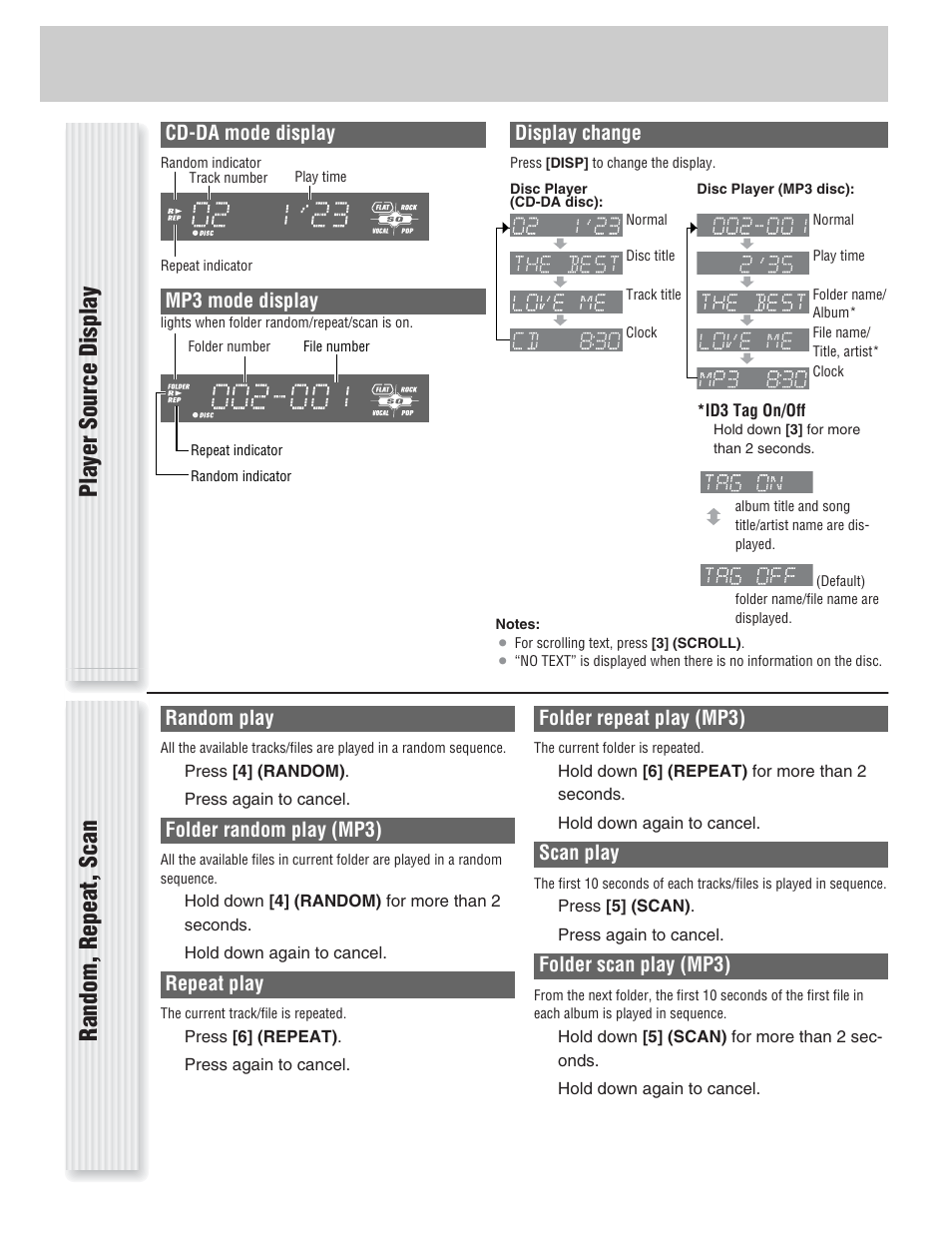 Random, repeat, scan, Player source display, Random play | Folder random play (mp3), Repeat play, Folder repeat play (mp3), Scan play, Folder scan play (mp3), Display change, Cd-da mode display | Panasonic CQ-C1333U User Manual | Page 16 / 20