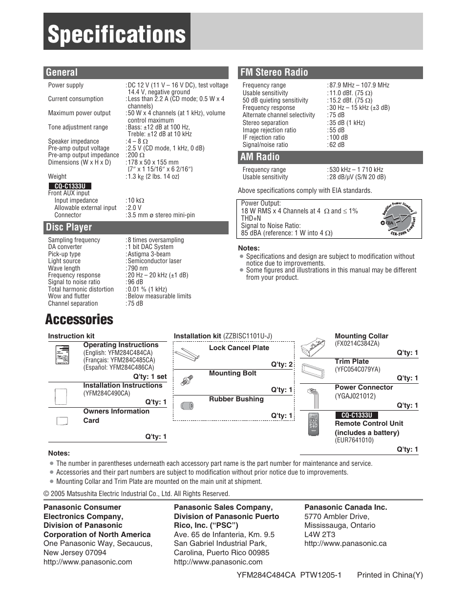 Specifications, Accessories, General | Disc player, Fm stereo radio, Am radio | Panasonic CQ-C1333U User Manual | Page 20 / 20