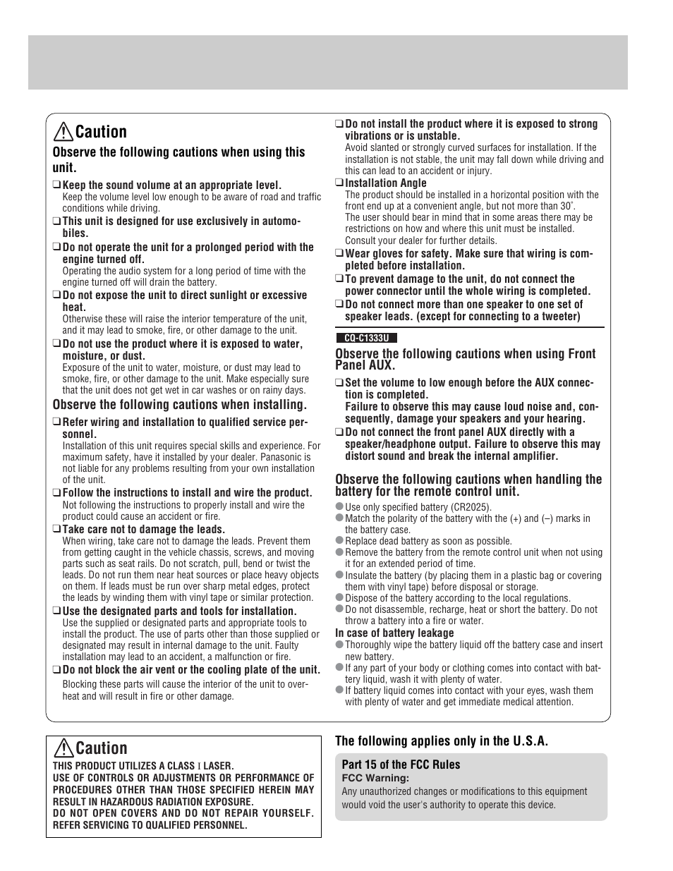 Caution | Panasonic CQ-C1333U User Manual | Page 3 / 20