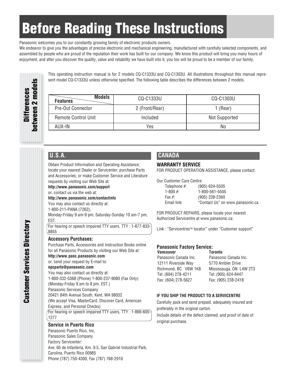 Before reading these instructions, U.s.a, Canada | Panasonic CQ-C1333U User Manual | Page 4 / 20