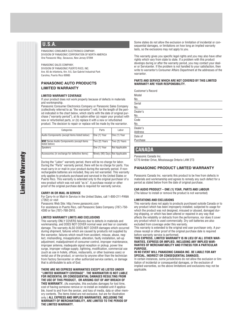Limited w a rranty, U.s.a, Canada | Panasonic CQ-C1333U User Manual | Page 5 / 20