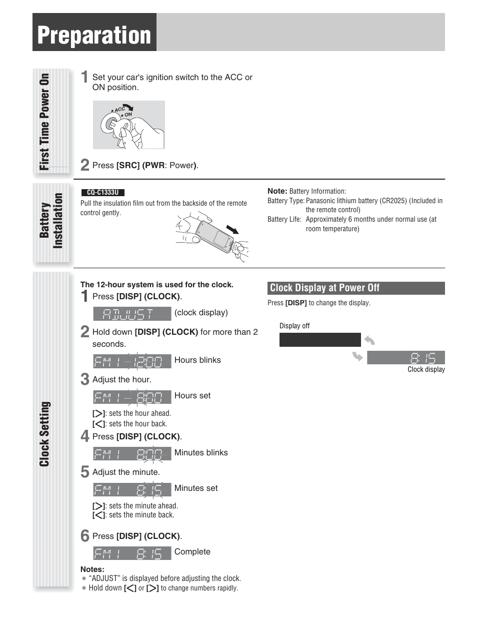 Preparation, Clock setting, Batter y installation | First t ime power on | Panasonic CQ-C1333U User Manual | Page 6 / 20
