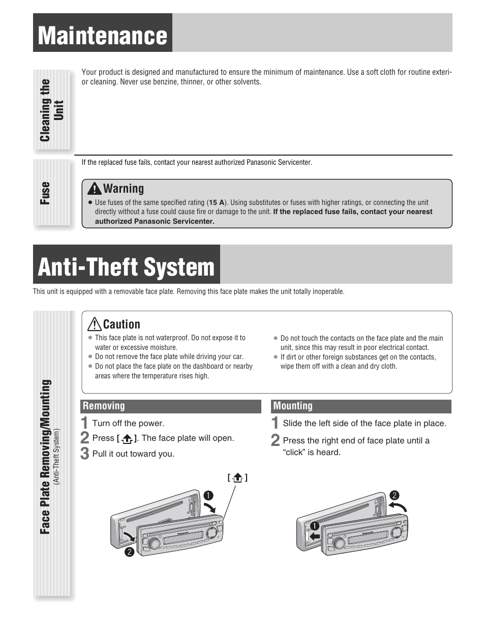 Maintenance, Anti-theft system | Panasonic CQ-C1333U User Manual | Page 7 / 20