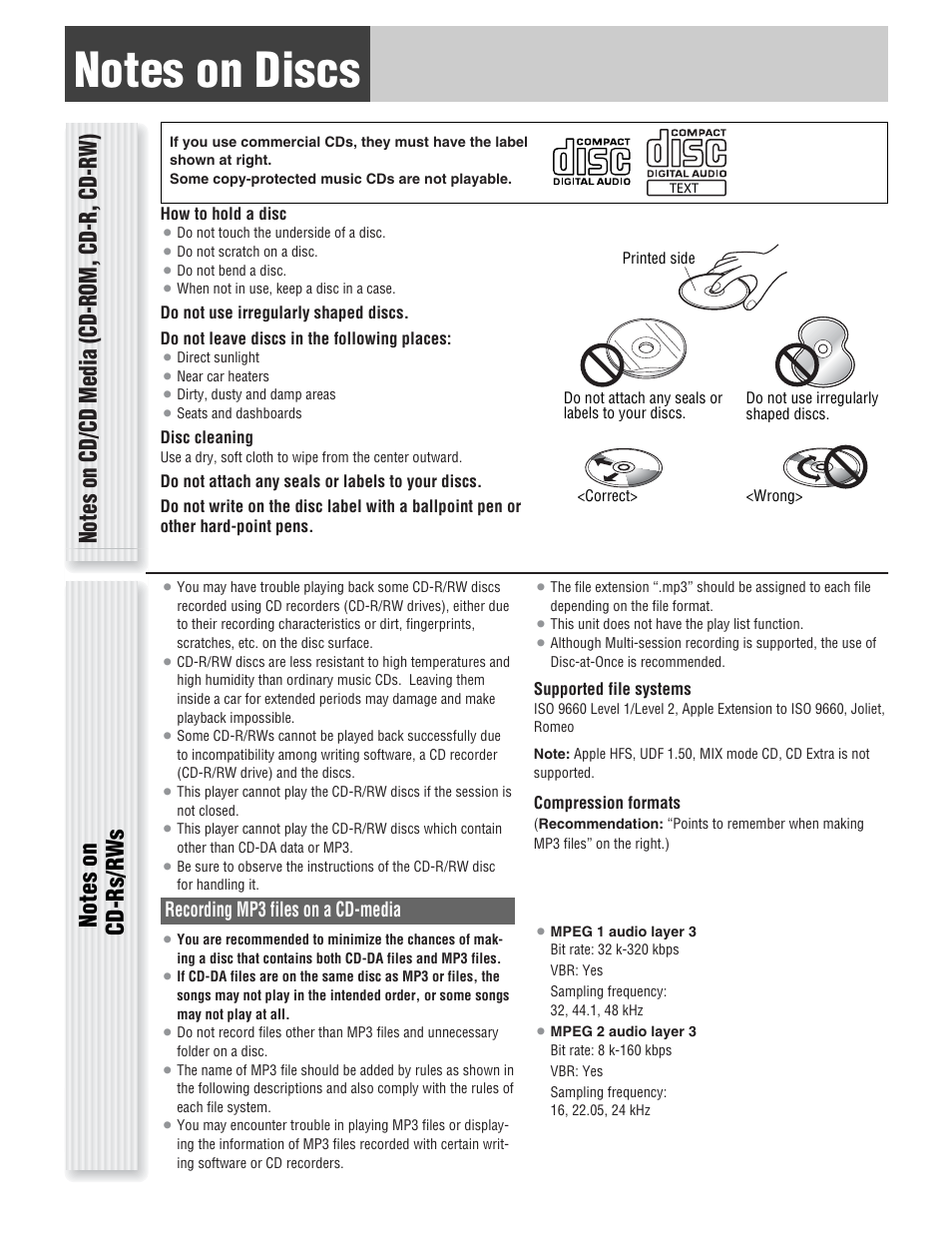 Notes on discs, Recording mp3 files on a cd-media | Panasonic CQ-C1333U User Manual | Page 8 / 20