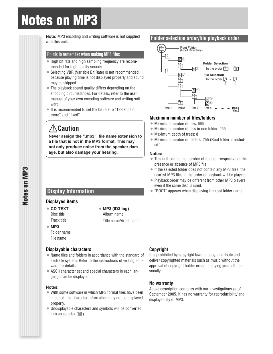Notes on mp3, Caution, Points to remember when making mp3 files | Display information, Folder selection order/file playback order | Panasonic CQ-C1333U User Manual | Page 9 / 20