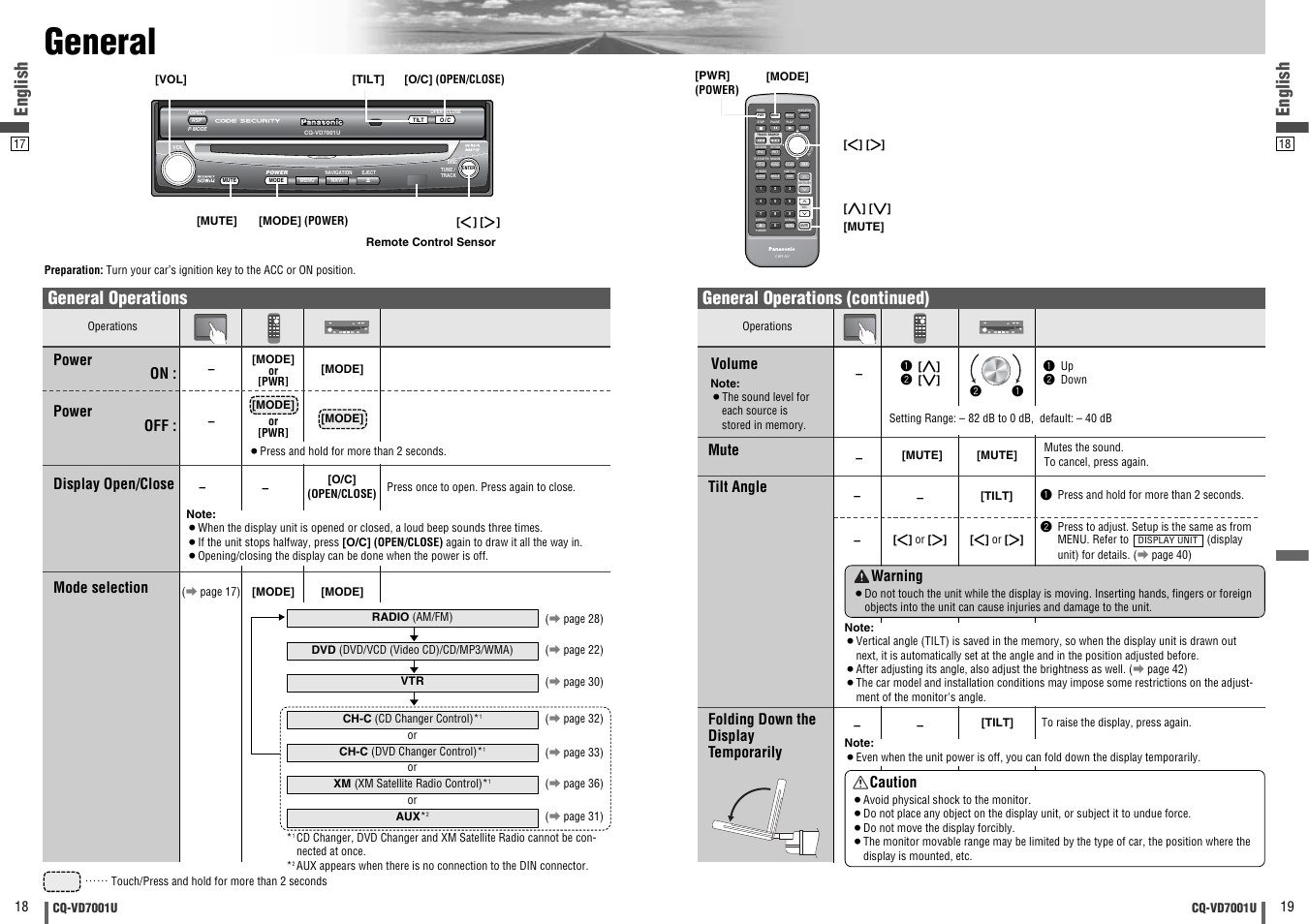 General, Dvd vtr radio ch-c end, English | General operations, General operations (continued), Power on : mode selection volume, Power off, Mute, Caution, Warning | Panasonic CQ-VD7001U User Manual | Page 10 / 93