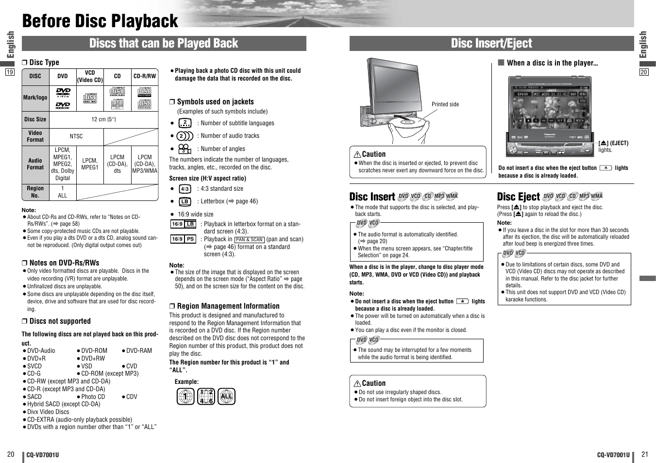 Before disc playback, Discs that can be played back, Disc insert/eject | Disc insert, Disc eject, Enter, Open / close, Tilt text, English | Panasonic CQ-VD7001U User Manual | Page 11 / 93