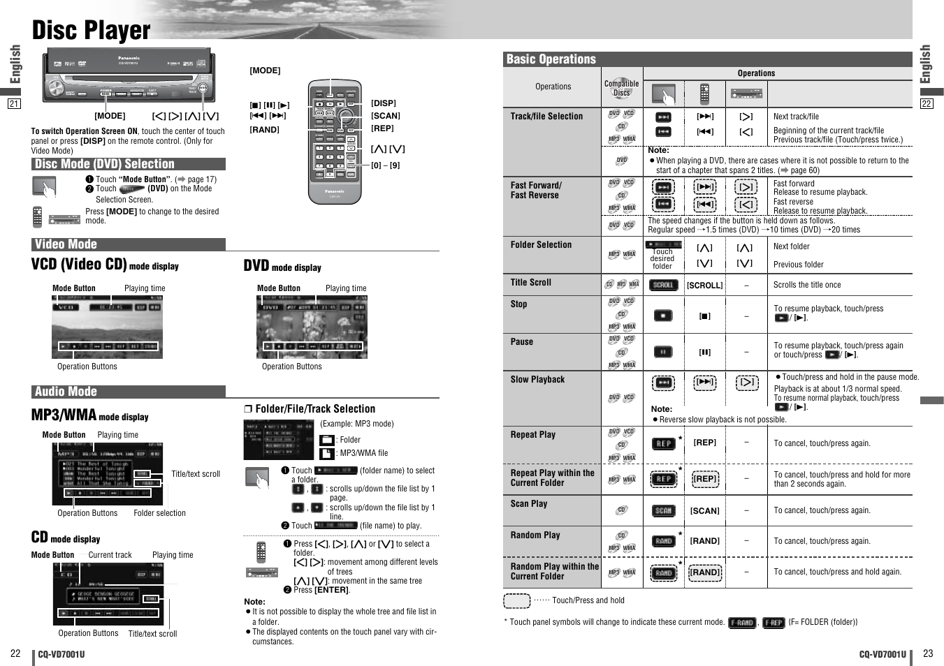 Disc player, Mp3/wma, Vcd (video cd) | Text, Dvd vtr radio ch-c end, English, Disc mode (dvd) selection video mode, Audio mode, Basic operations, Folder/file/track selection | Panasonic CQ-VD7001U User Manual | Page 12 / 93