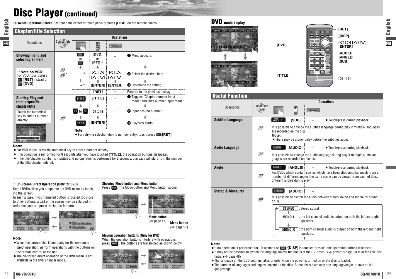 Disc player, Continued), Dvd vtr radio ch-c end | English, Useful function, Chapter/title selection | Panasonic CQ-VD7001U User Manual | Page 13 / 93