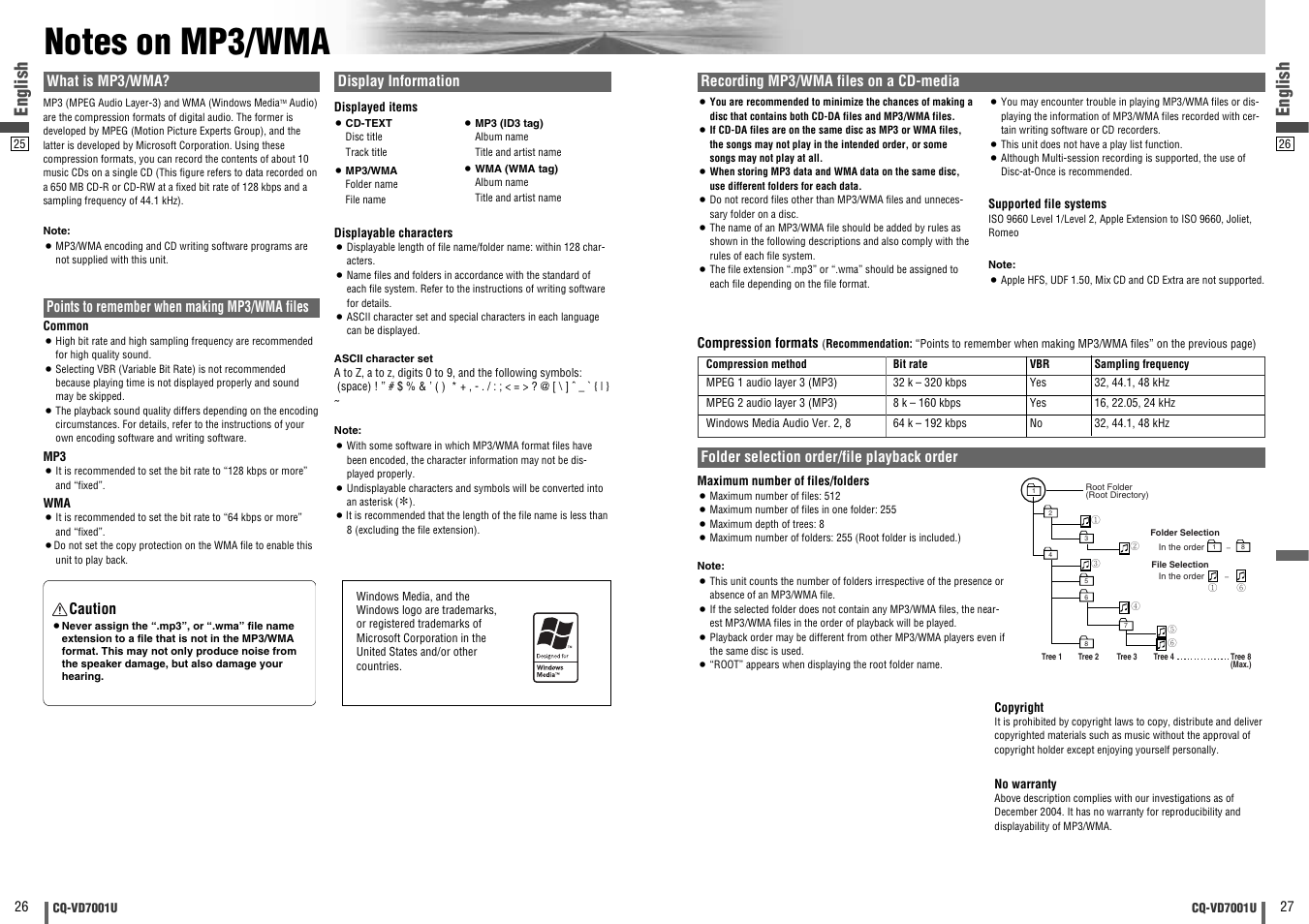 Notes on mp3 / wma, English, What is mp3/wma | Points to remember when making mp3/wma files, Display information, Caution, Recording mp3/wma files on a cd-media | Panasonic CQ-VD7001U User Manual | Page 14 / 93