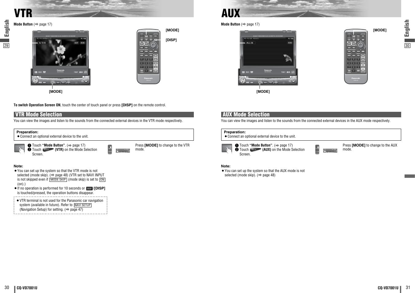Vtr aux, Enter, Open / close | Text, Dvd vtr radio ch-c end, English, Vtr mode selection, Aux mode selection, Cq-vd7001u | Panasonic CQ-VD7001U User Manual | Page 16 / 93