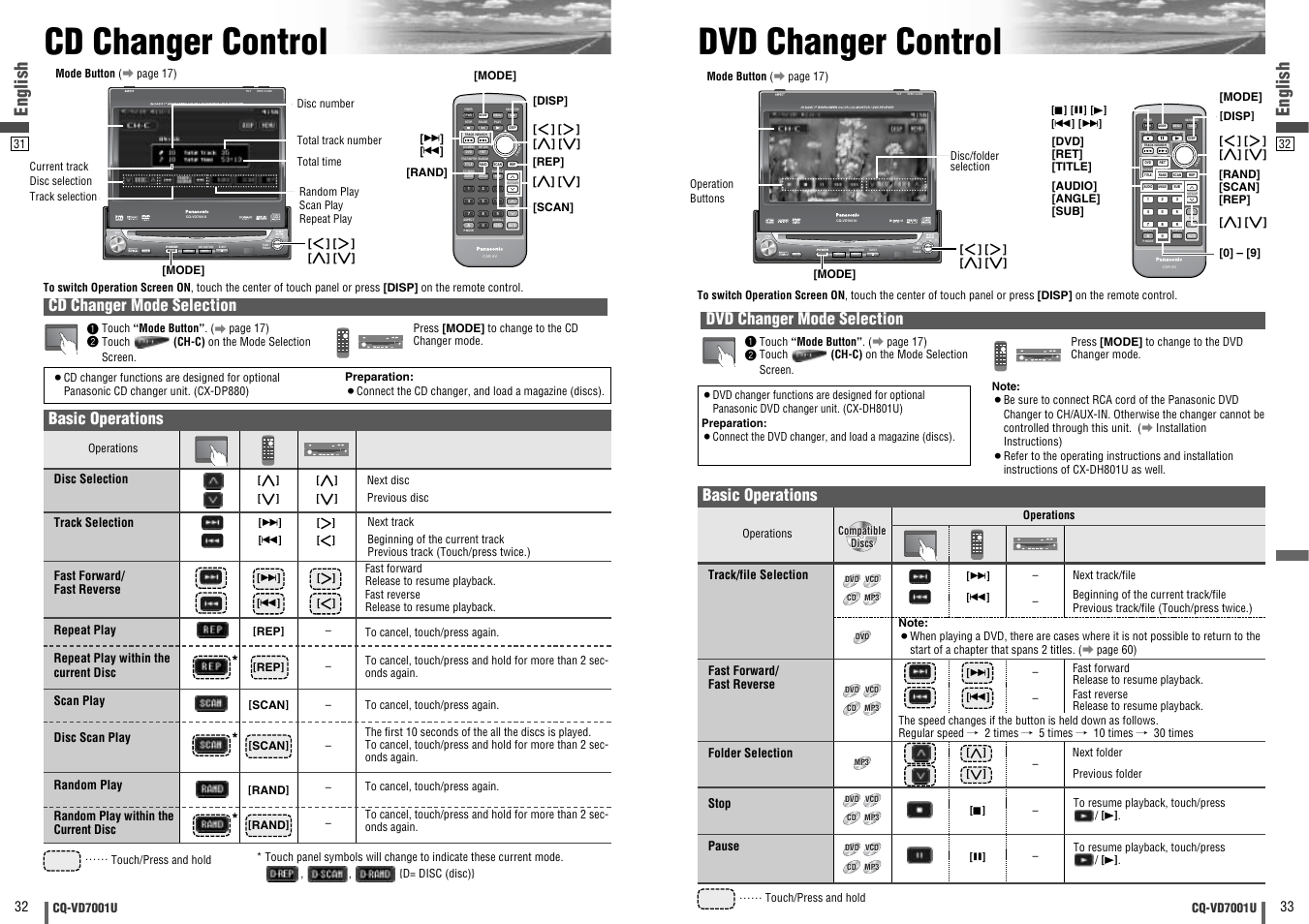 Cd changer control, Dvd changer control, Cd changer control dvd changer control | Enter, Open / close, Text, Dvd vtr radio ch-c end, English, Cd changer mode selection, Dvd changer mode selection | Panasonic CQ-VD7001U User Manual | Page 17 / 93