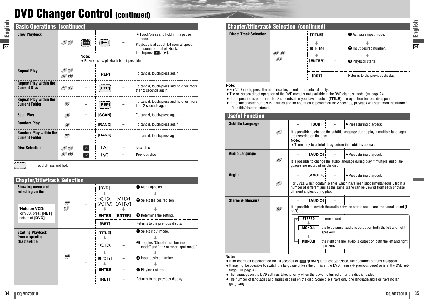 Dvd changer control, Continued), English | Useful function, Chapter/title/track selection, Basic operations (continued), Chapter/title/track selection (continued) | Panasonic CQ-VD7001U User Manual | Page 18 / 93