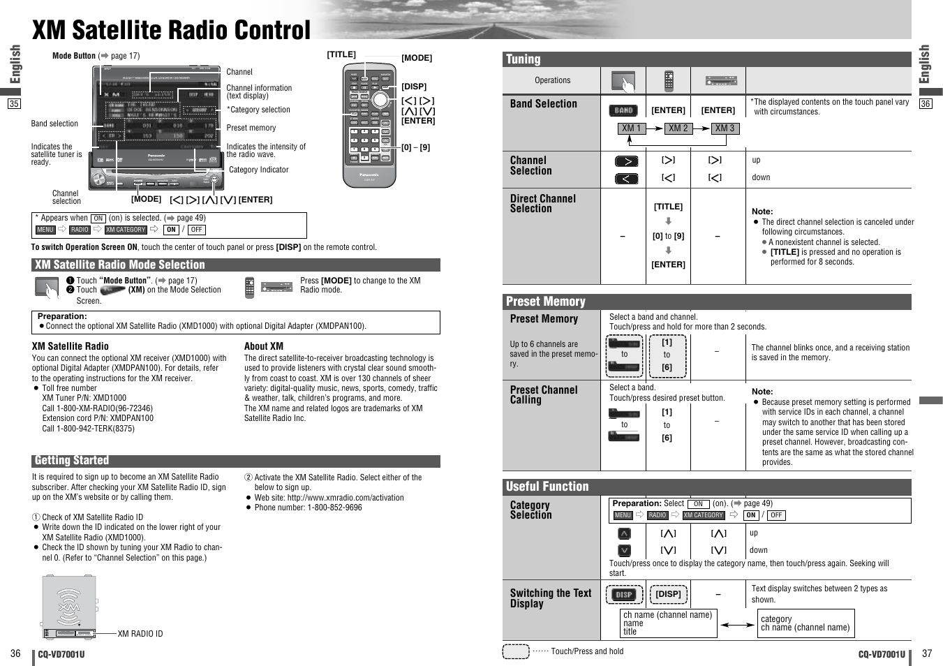Xm satellite radio control, Enter, Open / close | Text, Dvd vtr radio ch-c end, English, Tuning, Useful function, Xm satellite radio mode selection, Getting started | Panasonic CQ-VD7001U User Manual | Page 19 / 93